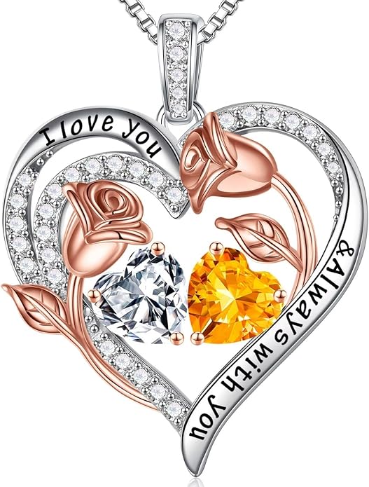 Iefil Valentines Day Gifts for Her - 925 Sterling Silver Rose Heart Birthstone Necklace Birthday Anniversary Jewelry Gifts for Her Wife Mom Daughter