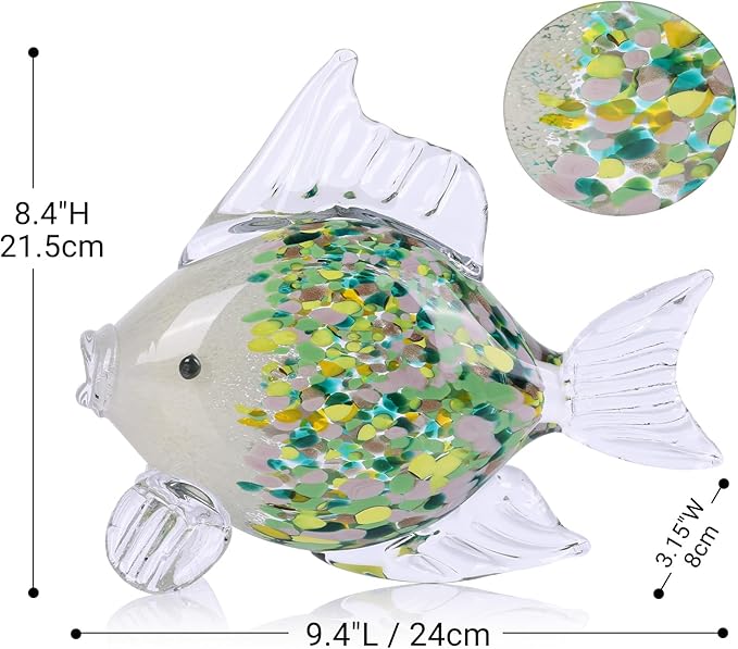 Green Blown Glass Fish Figurine – Handcrafted Art Animal Sculpture, Ocean Coastal Home Decor, Elegant Glass Fish Ornament for Tabletop or Bookshelf Display (D)