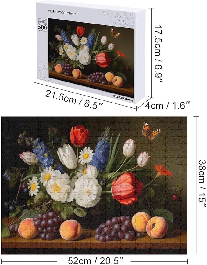 Wooden Puzzle - Vase Flower Grapes Peaches Wooden Puzzles for Adults 500 Pieces Challenge Puzzles，Educational Games，Family Puzzles，Unique Gifts for Wall Art ，Funny Puzzles