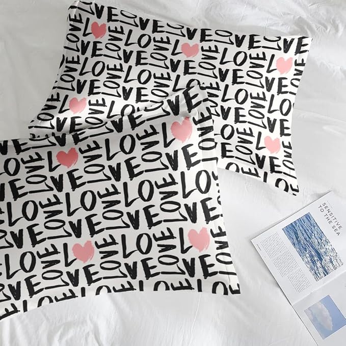 Comforter Set Twin Size, Love Heart 5 Pcs Bedding for Kids and Adults, Black and Pink Bedding Sets with Fitted Sheet Pillowcase & Sham for Bedroom Bed Decor