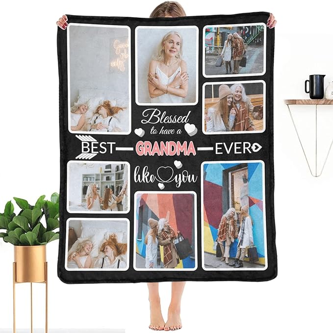 Custom Blanket Gifts for Grandma, Customized Blankets with Photos, Make a Personalized Bed Throws to My Grandma, Custom Souvenir Throw Blanket for Best Grandma Ever, 8 Collages Made in USA