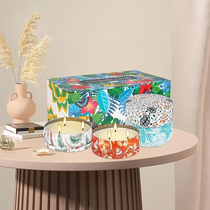 4-Pack Citronella Candle Set in Decorative Tropical Flower Tin Boxes - 3-Wick Functional Decorative Candles for Indoor & Outdoor Use - Perfect for Camping, Travel, BBQ, Picnics, and Mother's Day Gift