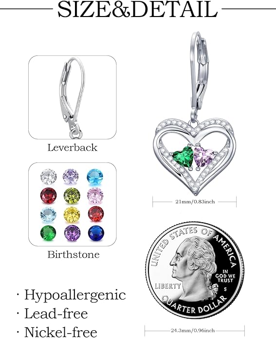 Heart Leverback Earrings Double Birthstone Dangle Earrings for Women, Love Jewelry for Her, Christmas Gifts for Women, Anniversary Birthday Gift for Mom Wife Girlfriend