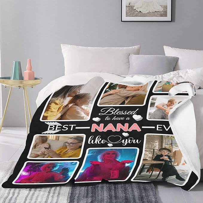 Custom Blanket Gifts for Nana, Customized Blankets with Photos, Make a Personalized Bed Throws to My Nana, Custom Souvenir Throw Blanket for Best Nana Ever, 8 Collages Made in USA