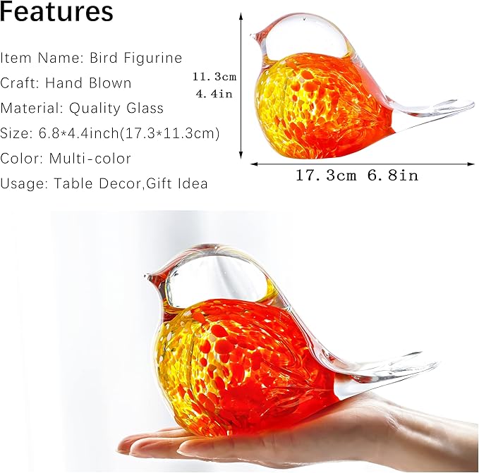 QFkris 7inch Blown Glass Bird Figurine Collectibles Handcrafted Bird Paper Weight Glass Art Animal Sculpture Home Decoration Tabletop Centerpiece