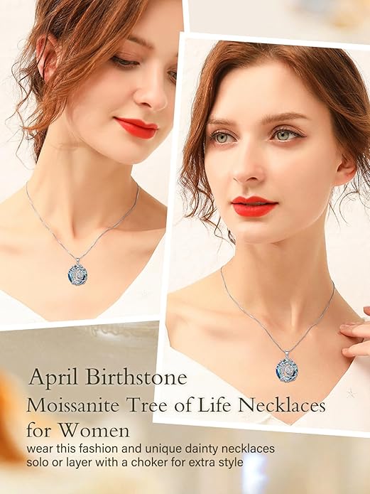 TOUPOP Tree of Life Birthstone Necklace 925 Sterling Silver Pendant Austrian Crystal Jewelry Anniversary Valentine's Day Birthday Gifts for Women Mom Her Wife
