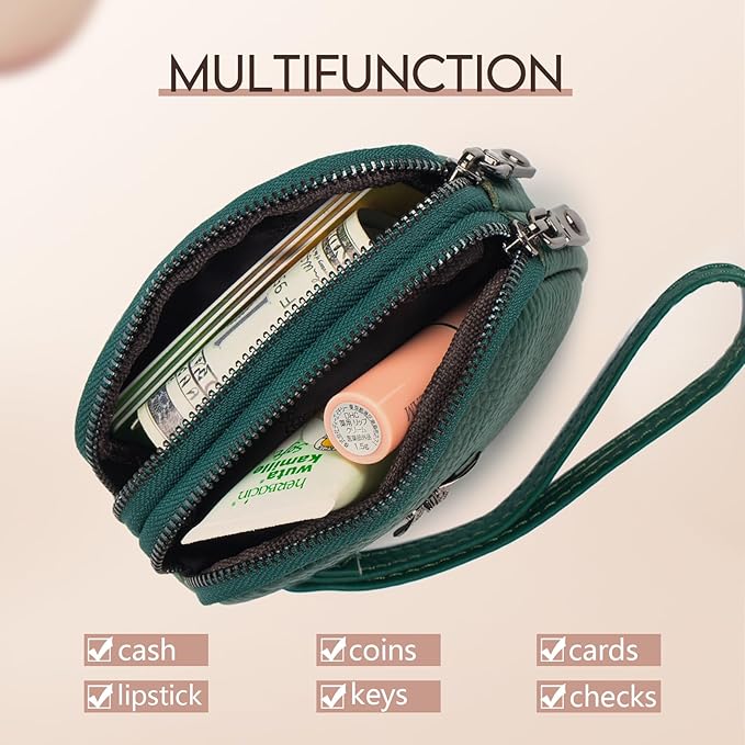 imeetu Women Leather Coin Purse, Small 2 Zippered Change Pouch Wallet