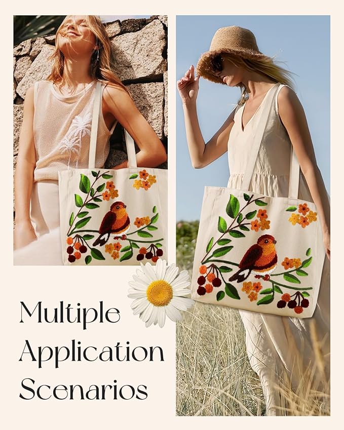Miss Adola Aesthetic Embroidery Tote Bag for Women - Reusable Canvas Cute Shoulder Bag for Shopping, Grocery, Work, Book