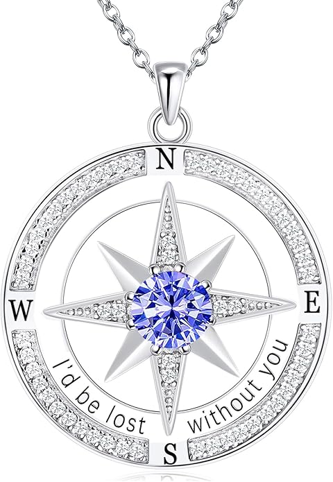 S925 Necklace Birthstone Compass Gift for Women Jewelry Sterling Silver Necklace for Wife Wedding Anniversary Girlfriend Birthday Gifts for Her Valentines Day Mom Mothers Day