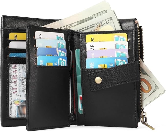 Practical Genuine Leather Wristlet Wallet for Women with Double Zipper Coin Purse and Card Organization (Black)