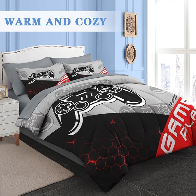 Comforter Set Full Size, Boys Play Game Gamepad 7 Pcs Bedding for Kids and Adults, Video Gaming Sport Bed Sheet Sets with Fitted Sheet 2 Pillowcases & 2 Shams for Bedroom Bed Decor