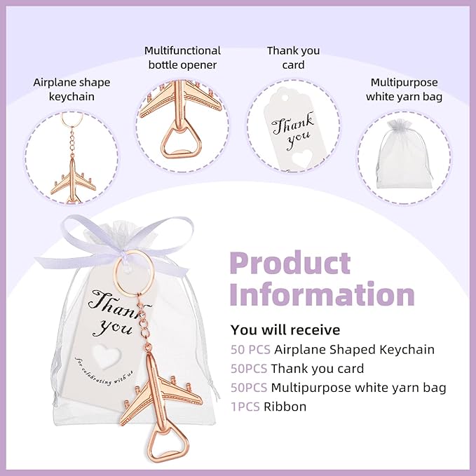 50PCS Rose Golden Airplane Bottle Opener Keychains for Wedding or Bridle Shower Favors,Baby Shower Gifts, Souvenirs to Guests Bluk