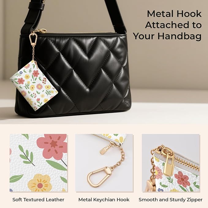Multicolor Floral Keychain Coin Purse for Women, Small PU Leather Change Pouch, Zipper Little Tiny Travel Wallet for Girls, Cute Kawaii Zip Pocket Coin Holder with Key Ring
