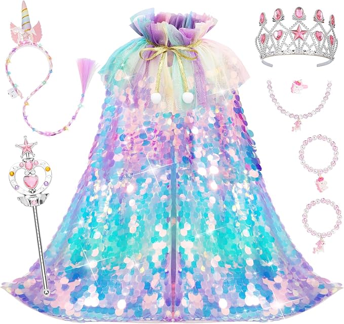 Meland Princess Dress Up for Girls 3-8, 11Pcs Mermaid Cape with Crown, Dress Up Clothes Birthday Gift Toys for Girls Toddlers