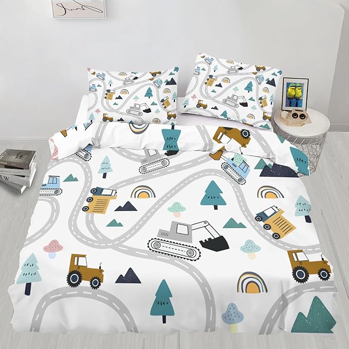 Cartoon Excavator Bulldozer Bedding Set Oversized King Construction Vehicles Duvet Cover Road Forest Comforter Cover Kids Engineerin Bed Set with Pillowcases for Bedroom