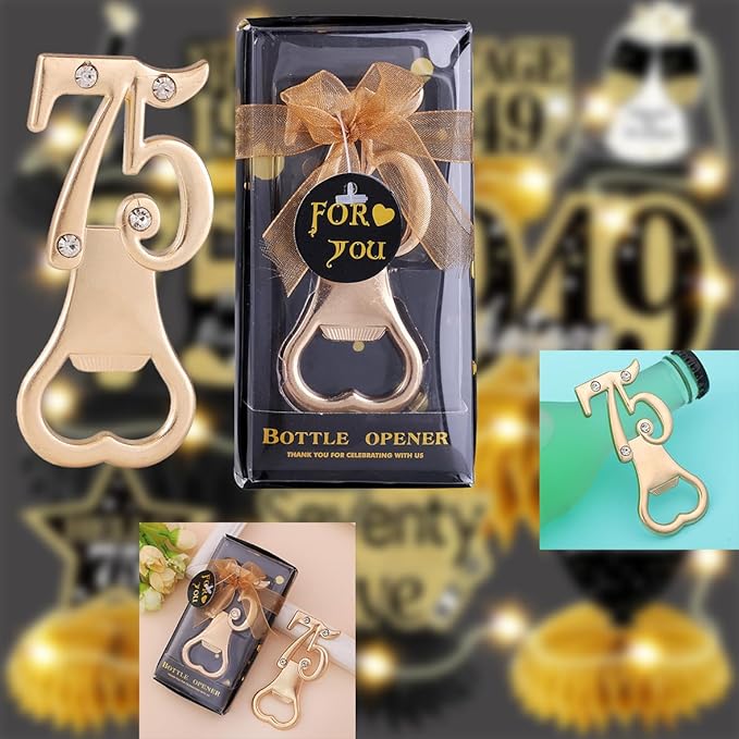 Baseo 24 Pcs Black and Gold 75th Bottle Opener Set - Gold Finish Zinc Alloy Bottle Openers for 75th Birthday Party Favors, Gifts or Souvenirs