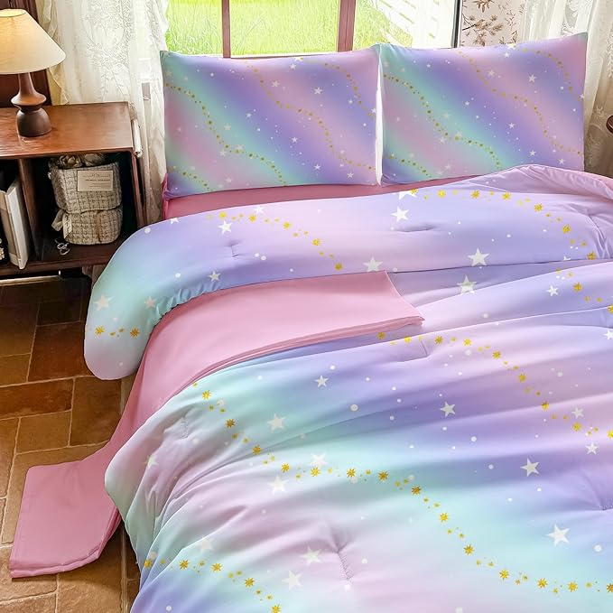 Rainbow Bedding Set Full Size – 5 Piece Reversible Girls Comforter with Deep-Pocket Sheet, Gradient Galaxy Design, Whole-Piece Filling, Machine Washable Bed-in-a-Bag for Kids Room Makeover & Gifts