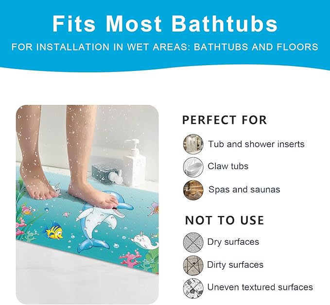 XIYUNTE Baby Bath Mat for Tub Non Slip Kids Bath Mat - 40''x16'' Extra Long Cartoon Bathtub Mat Non Slip Kids Shower Mat Eco-Friendly Toddler Bath Mats with Suction Cups, Machine Washable