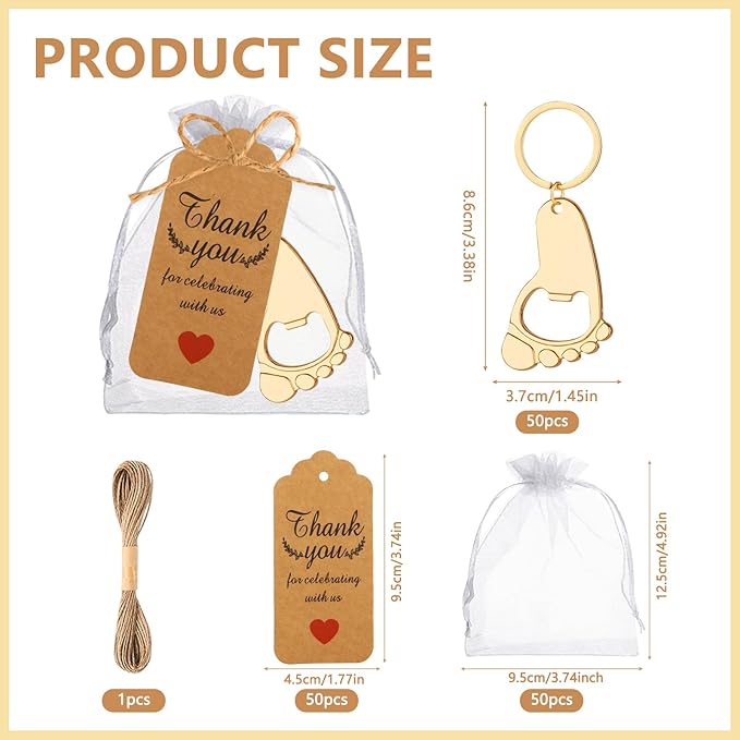 50 Pcs Footprint Keychain Bottle Opener Baby Shower Return Favors For Guests Baby Foot Bottle Opener Gift Baby Shower Party Favors Or Souvenir Guest With Organza Bags And Thank Tags
