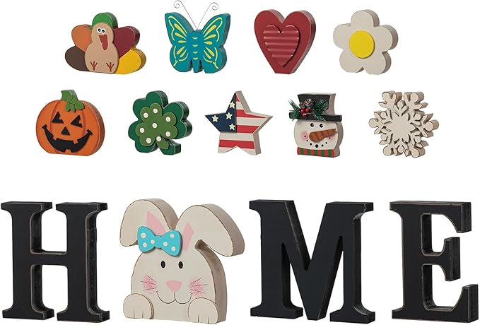 Glitzhome Interchangeable Home Table Signs with 13 Pcs Seasonal Icons, Wooden Changeable Home Sign for Holiday Decor, HOME Letter Sign Ornaments Set Interchangeable Holiday Decorative Shelf Blocks
