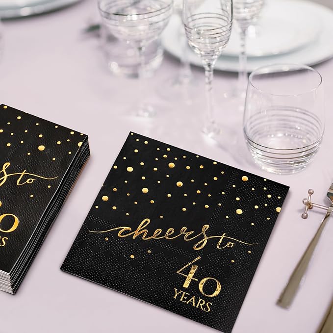 100 Pack of 40th Birthday Napkins, Cheers to 40 Cocktail 5x5 Inches Party Paper Napkins for Birthday Decorations Wedding Anniversary Black and Gold, 3-Ply