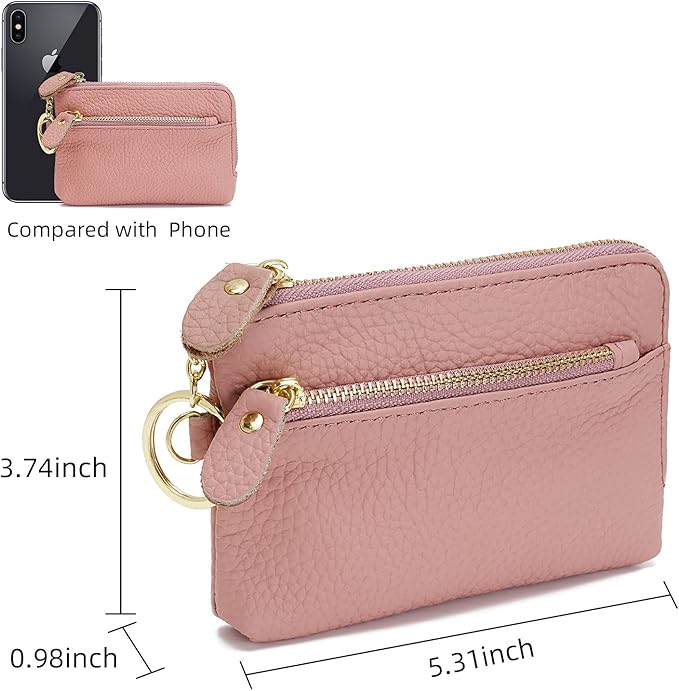 Genuine Leather Coin Purse for Women with Large Opening & Wrist Strap Navy (Pink)