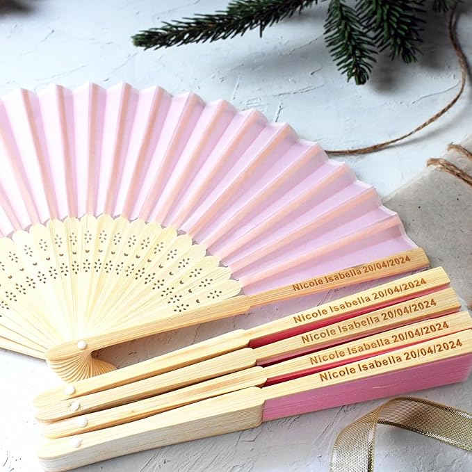 100 Pcs Personalized Pink Wedding Folding Fans for Guests, Custom Engraved Summer Wedding Fans, Folded Hand Fans for Wedding Favors, Vintage Silk Handheld Fans for Bridal Shower Decorations
