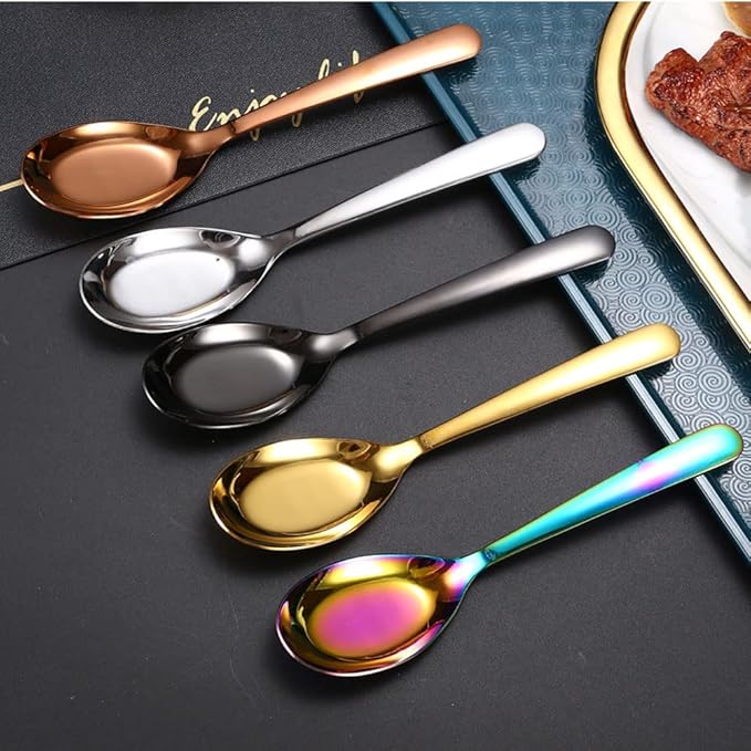 5 PCS Stainless Steel Soup Spoons, Mirror Finish - Kitchen Serving & Dessert Spoons for Soup, Rice, Tea, Milk, Coffee, Dessert & Ice Cream (Rose Gold)
