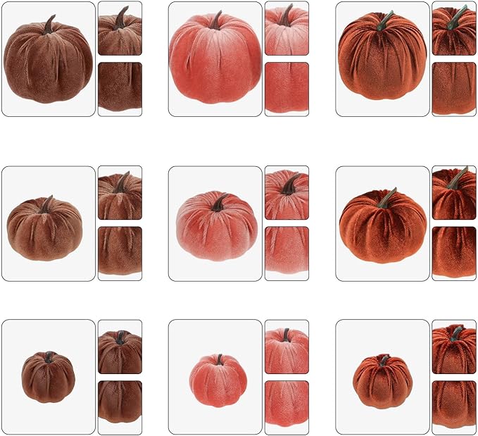 Woration 18pcs Fake Artificial Velvet Pumpkin Fall Decoration 3 Size Faux Foam Fabric Pumpkins Halloween Decor for Home Farmhouse Harvest Thanksgiving - Brown Series