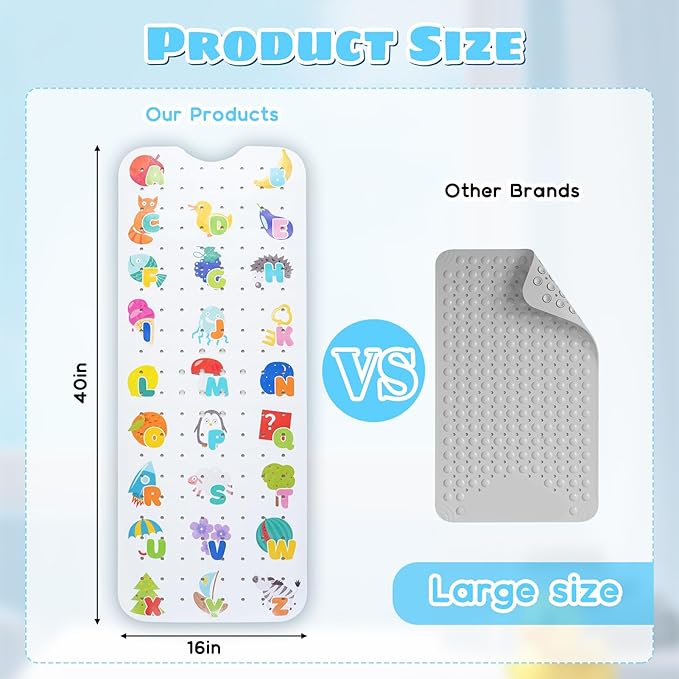 Baby Bath Mat for Tub Non Slip Kids Bathtub Mat Extra Long 40X16 Inch Toddler Bath Tub Shower Mat Anti Slip with Suction Cups & Drain Holes, Machine Washable (Alphabet)