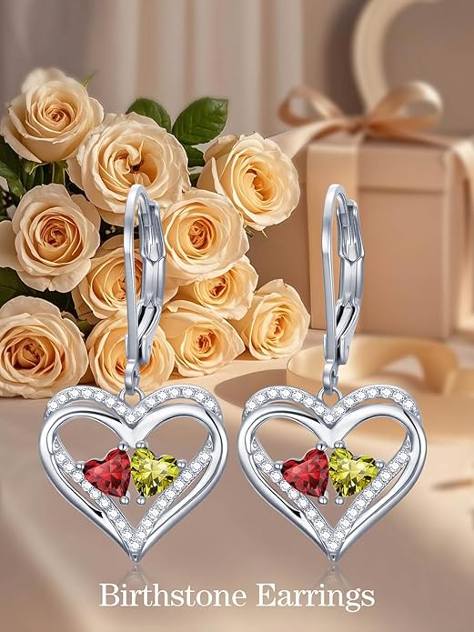 Heart Leverback Earrings Double Birthstone Dangle Earrings for Women, Love Jewelry for Her, Christmas Gifts for Women, Anniversary Birthday Gift for Mom Wife Girlfriend