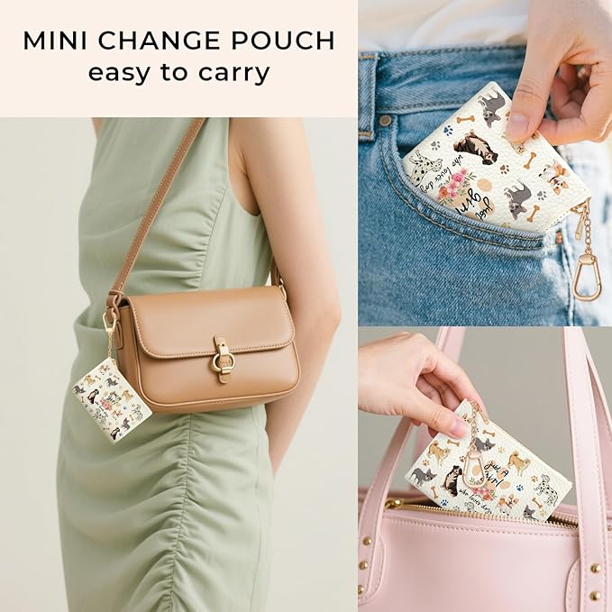 Cute Dogs Keychain Coin Purse for Women, Small PU Leather Change Pouch, Zipper Little Tiny Travel Wallet for Girls Puppy Lovers, Cute Kawaii Zip Pocket Coin Holder with Key Ring