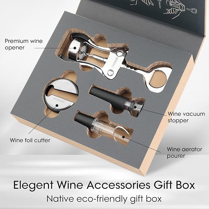 Beneno Multifunctional Wine Bottle Opener Gift Wing Corkscrew, Foil Cutter, Vacuum Stopper & Aerator Pourer, Perfect for Wine Lovers Man Woman, Ingot Silver