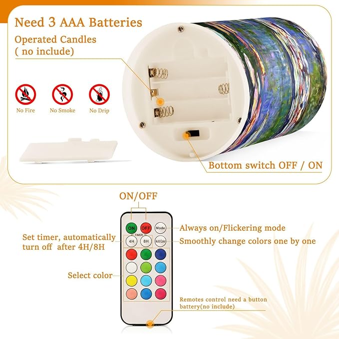 ALAZA Monet Painting Flickering Flameless Candles Battery Operated with Remote Timer,Tea Light Candles LED Pillar Votive Candles Set of 2 for Outdoor Indoor Decorations