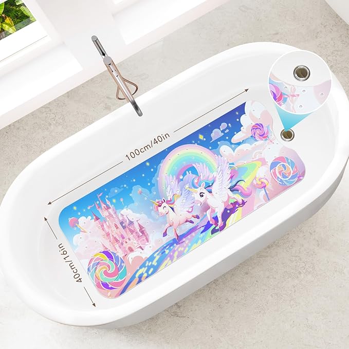 SHUCHING Baby Bath Mat for Tub Non Slip-40 X 16 Inch, Extra Long Kids Bathtub Mat Non Slip, Girl Shower Mat Anti Slip for Bathroom, Machine Washable,Rainbow Unicorn