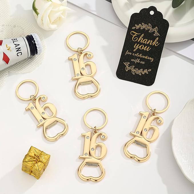 24 pcs 16th Gold Keychain Bottle Opener Birthday Party Favors for Guests,16th Beer Bottle Opener Favors Bulk for 16 Birthday Anniversary Souvenirs Party Decor Supplies (Gold 16th)