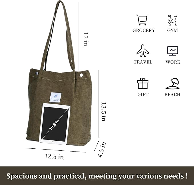 Corduroy Tote Bag Cute Tote Bags for Women Shoulder Bag with Inner Pocket for Work Beach Travel and Shopping Grocery
