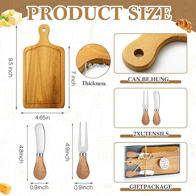 1 Set Bridal Baby Shower Cheese Prizes Wooden Square Board Gift Set Knives Forks Thank You Tags with Box for Guests for Valentines Bridal Baby Shower Housewarming (Teak Wood)