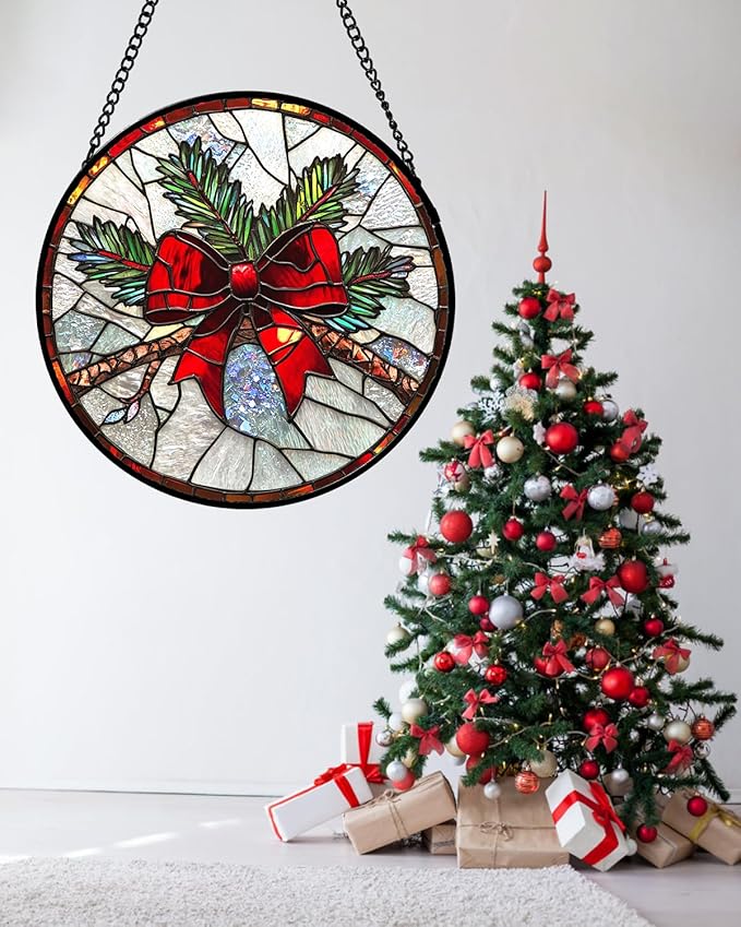 Stained Glass Window Hanging - Pine Branches Red Bow Suncatcher for Doors Home Christmas Decoration Silver Sun Catcher Thanksgiving New Year Birthday Gifts for Women Men Mom Nana 11.8 in
