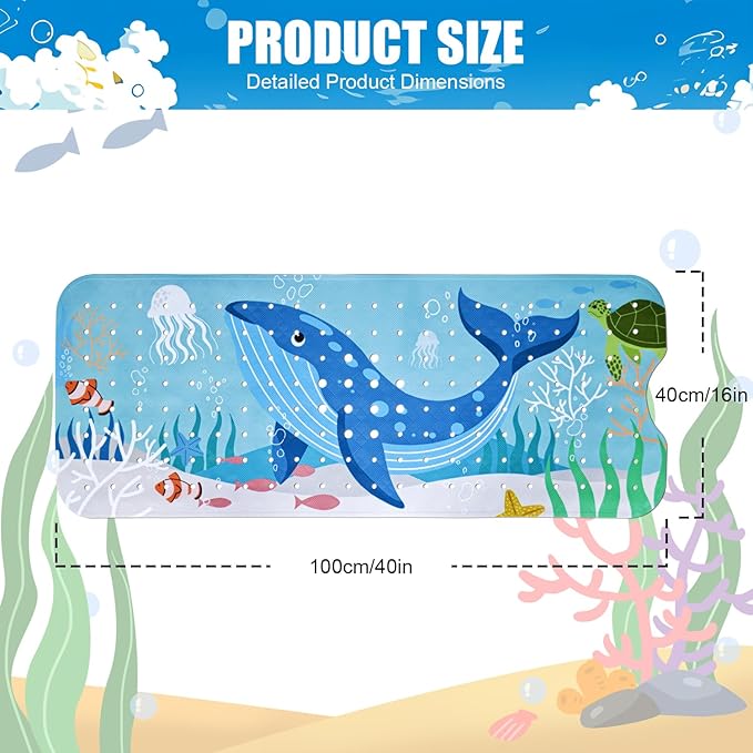 Vanleonet Baby Bathtub Mat Non Slip, 40''x16'' Bathtub Mat for Kids, Cartoon Tub Mats Non Slip with Suction Cups & Drain Holes, Machine Washable, Whale, Sea Turtle