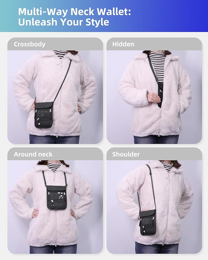WALNEW Passport Holder Neck Pouch Travel Wallet for Women and Men, RFID Blocking Security Slim Traveling Wallet with Around Neck Lanyard Strap