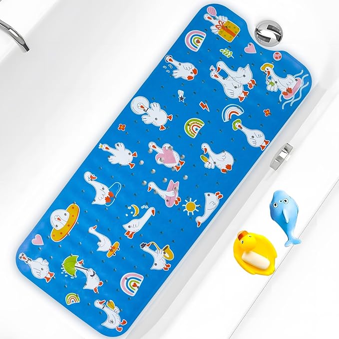 Baby Bath Mat for Tub Non Slip Kids Bathtub Mat Extra Long 40X16 Inch Toddler Bath Tub Shower Mat Anti Slip with Suction Cups & Drain Holes, Machine Washable (Go Ducks)