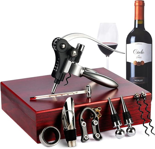 9 PCS Corkscrew Wine Opener Set, Stainless Steel Cork Screw Rabbit Wine Bottle Opener Kit Including Foil Cutter, Pourer, Vacuum Wine Stopper Corkscrews etc, Luxury Wine Sets Gifts for Women & Men