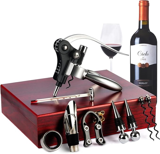 9 PCS Corkscrew Wine Opener Set, Stainless Steel Cork Screw Rabbit Wine Bottle Opener Kit Including Foil Cutter, Pourer, Vacuum Wine Stopper Corkscrews etc, Luxury Wine Sets Gifts for Women & Men