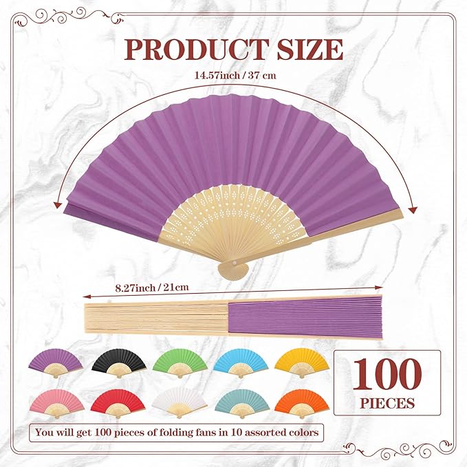 Yinkin 100 Pack Folding Fans Bamboo Handheld Folded Craft Hand Japanese Chinese Fans for Weddings Bridal Dancing Church DIY Decoration Women Gift Party Favors (Multi Colors)