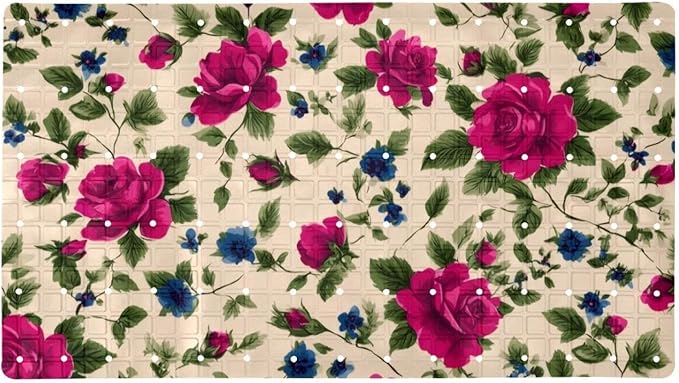 Small Cute Flowers on Beige Baskground Bath Tub and Shower Mats, Non Slip Bathmat with Drain Holes and Suction Cups for Bathroom Floor, 15.1 x 26.8 Inch