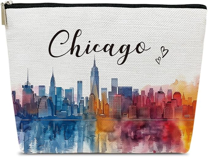 Chicago Travel Gift Makeup Bag, Chicago Souvenir, Watercolor Cosmetic Bag for Purse, Trip Gifts for Traveller, Travelling Lovers, City Themed Organizer