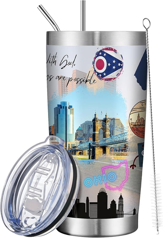 20oz Insulated Tumbler Ohio State Coffee Mug, United States Map Travel Mug Landmark, Birthday Gifts Cute Custom Tumbler Cups with Lid and Straw Gifts for Mom