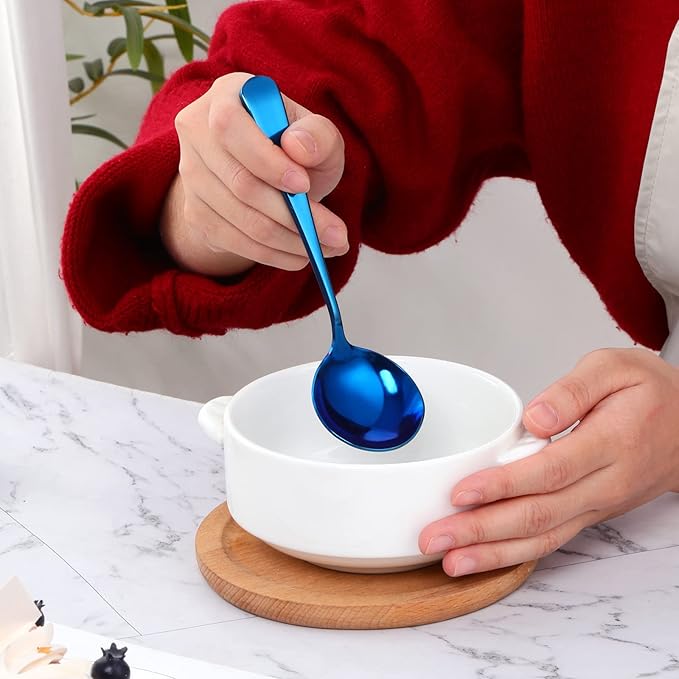 Buyer Star 8 Pieces Stainless Steel Round Soup Spoon, 6.3 Inch Mirror Polished Spoon Cutlery, Dishwasher Safe (Blue)