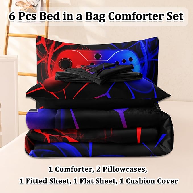 6 Pcs Full Bedding Set for Boys, Blue-red Full Size Bed in A Bag Gamer Boys Comforter Set for Teens